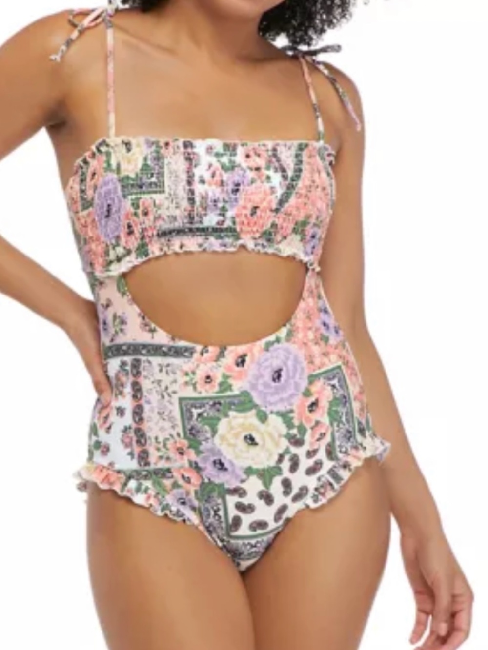 True Craft Patchwork Petals Floral  Smocked Cutout One Piece Swimsuit Size XL